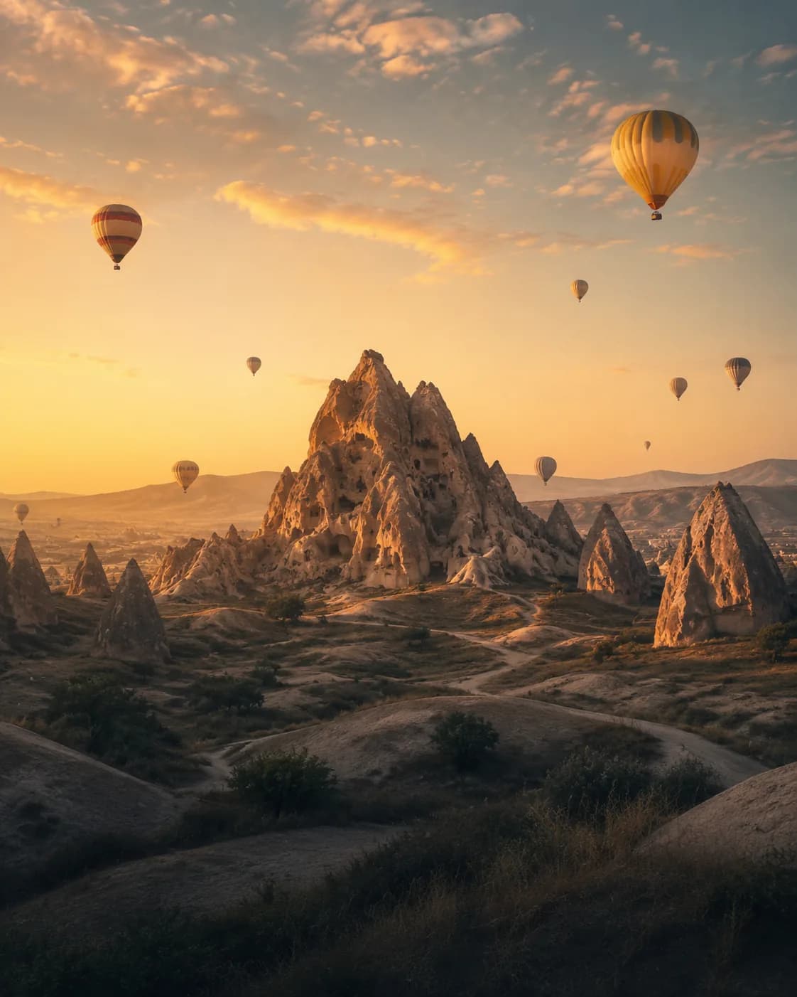 Hot-air balloons over an international travel destination